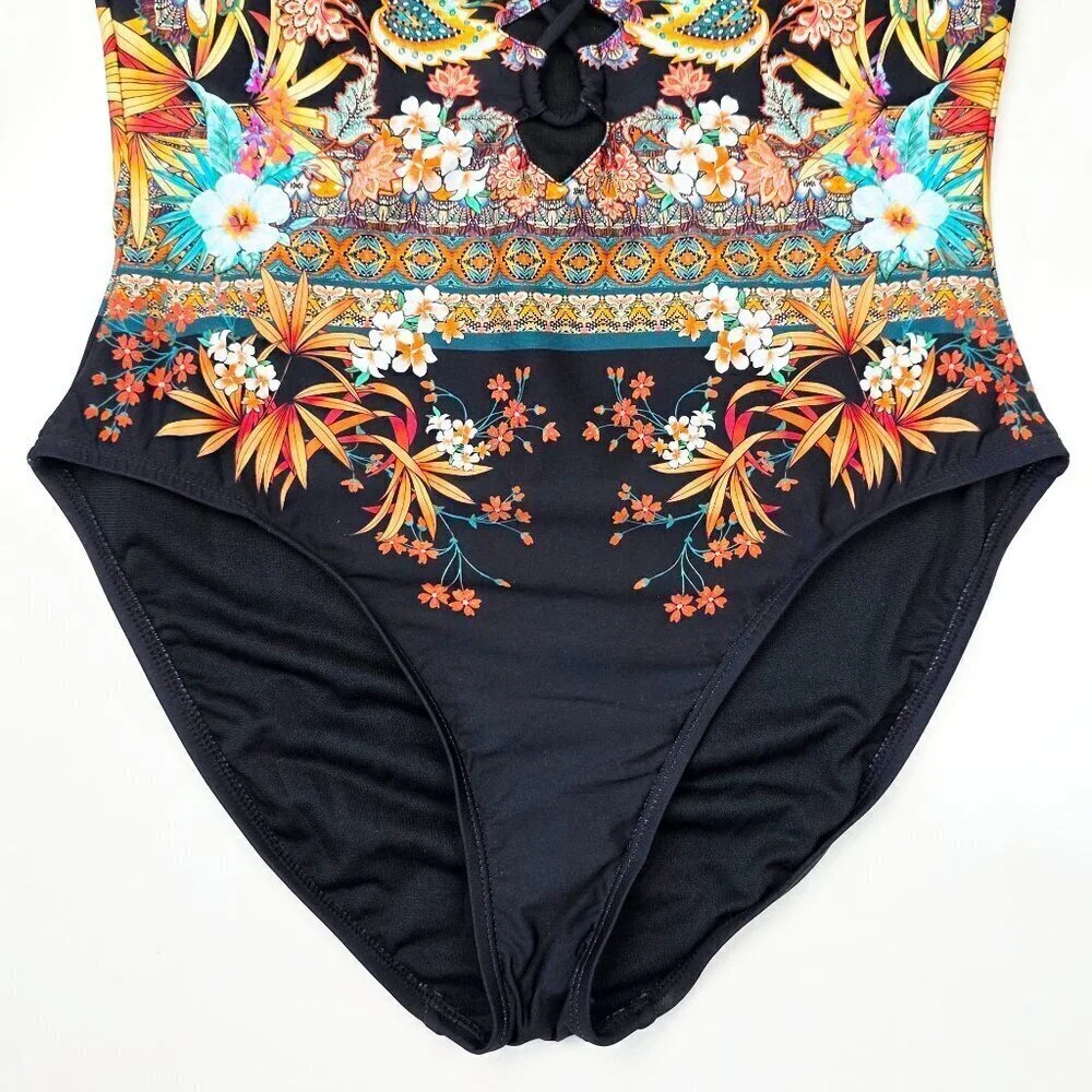 Kenneth Cole Off Shoulder Floral Tropical Stripe One Piece Swim Suit NEW - L - Picture 4 of 11